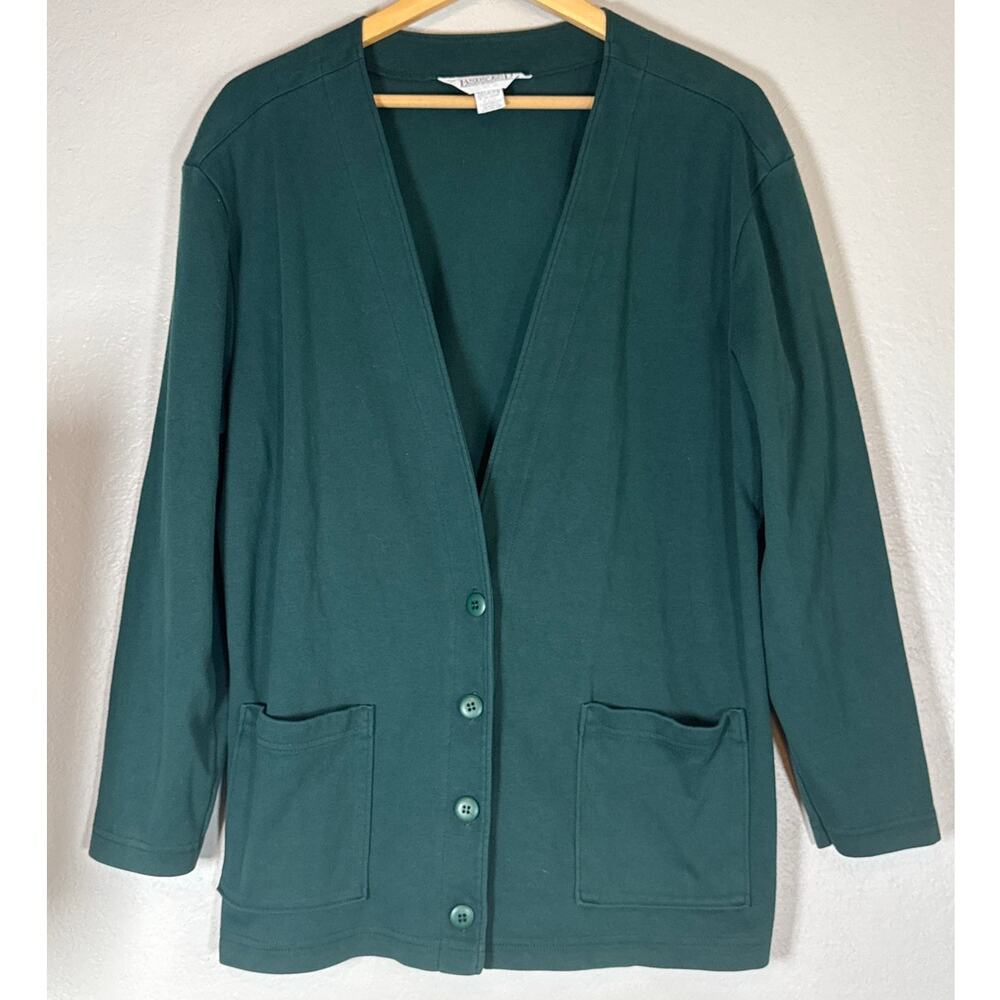 Vintage Lands End Green Cardigan Sweater Womens Large 100% Cotton Hunter Forest